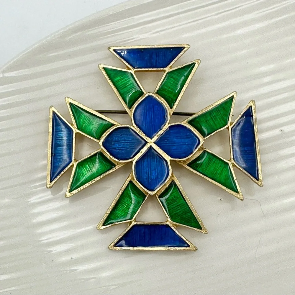 Vintage FLORENZA Green & Blue Enamel Maltese Greek Cross Pin Brooch
